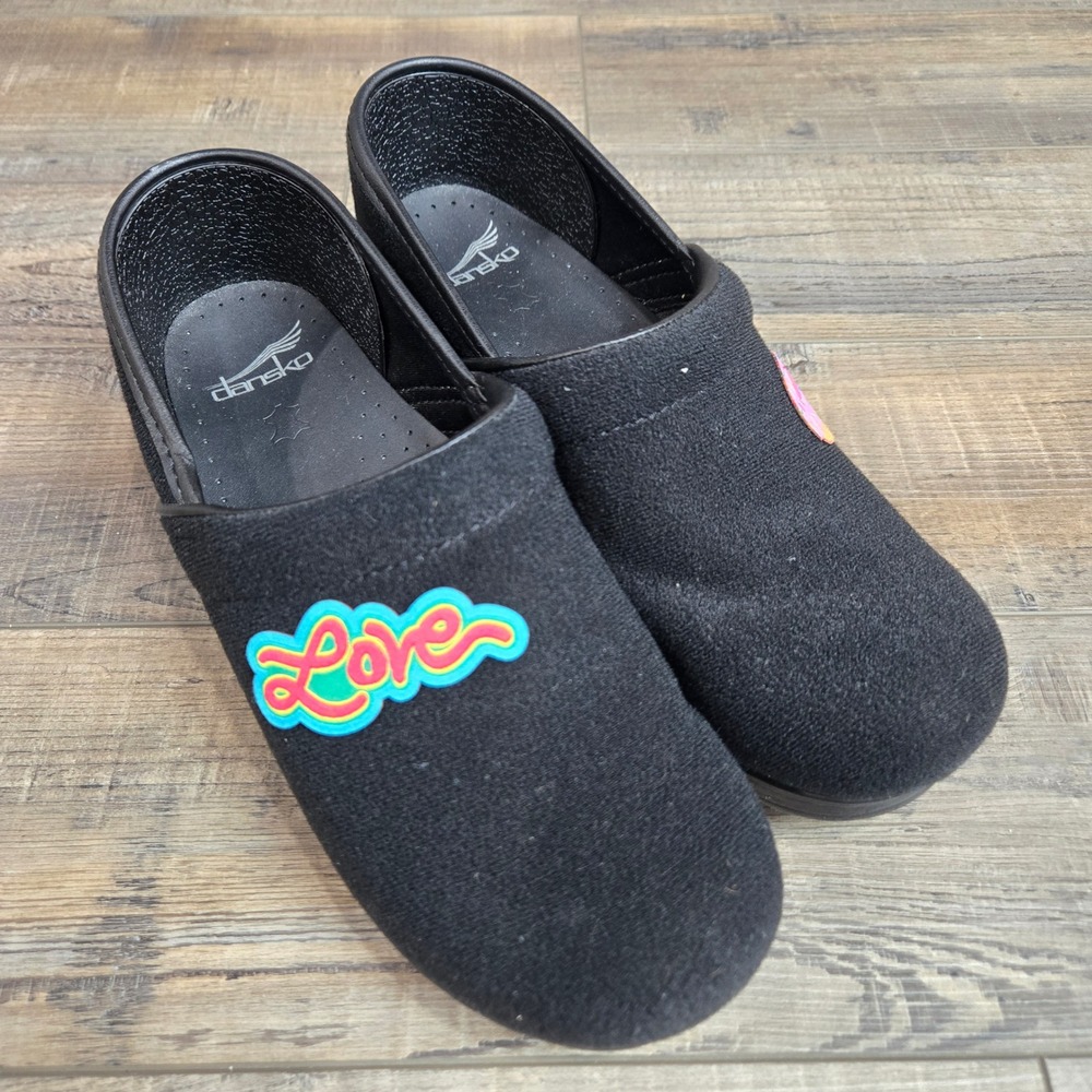 Dansko Patch Professional Black Fabric Clogs Love Donut Patch Women 39